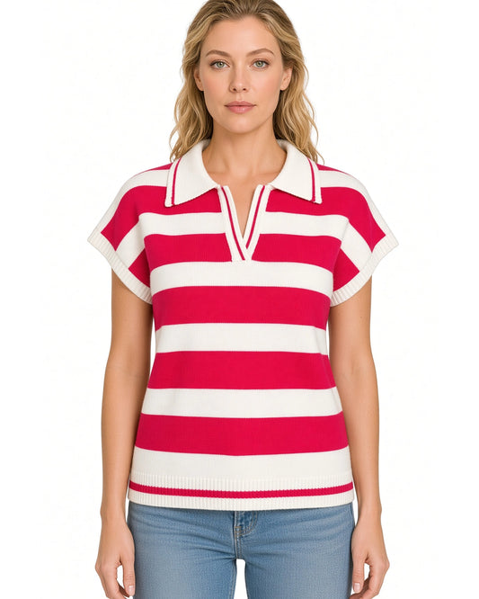 Touchdown Red Striped Short Sleeve Sweater Polo