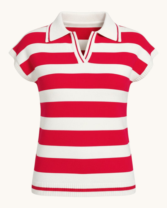 A short-sleeve knit polo shirt with bold horizontal red and white stripes, featuring a white collar with red piping and a split V-neckline.
