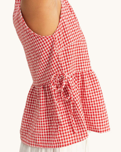 Red and white checkered top on a white background