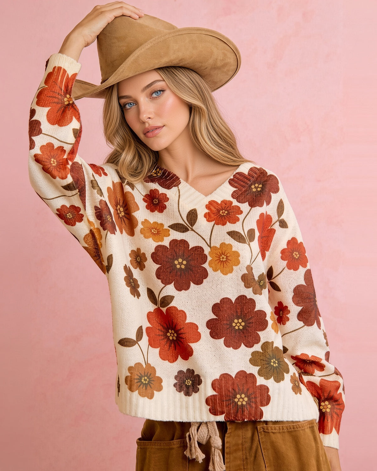 Model wearing cream retro floral V-neck sweater with a tan wide-brim hat and brown pants.
