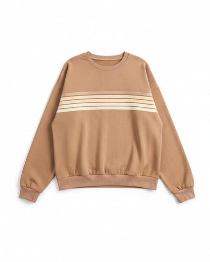 A tan crewneck sweatshirt with three horizontal cream stripes across the chest, displayed flat against a white background.