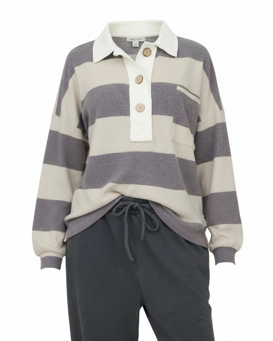 Taupe and charcoal washed rugby stripe top with ivory contrast collar and oversized buttons, relaxed fit.