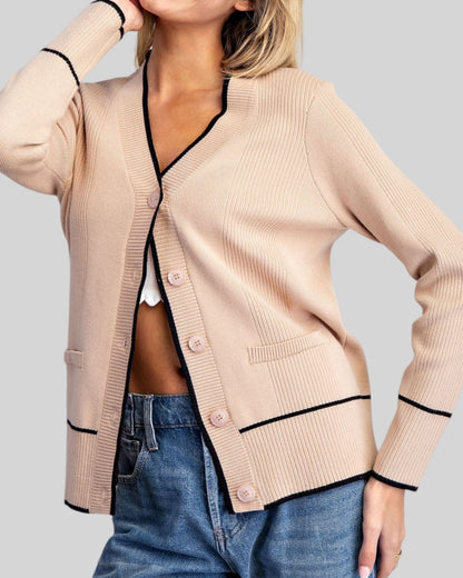 Sand & Black Contrast Trim Cardigan
