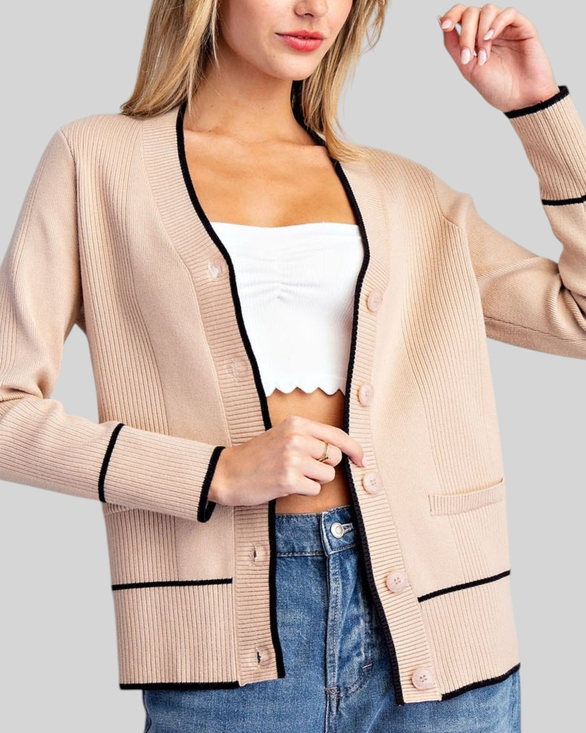 Sand & Black Contrast Trim Cardigan