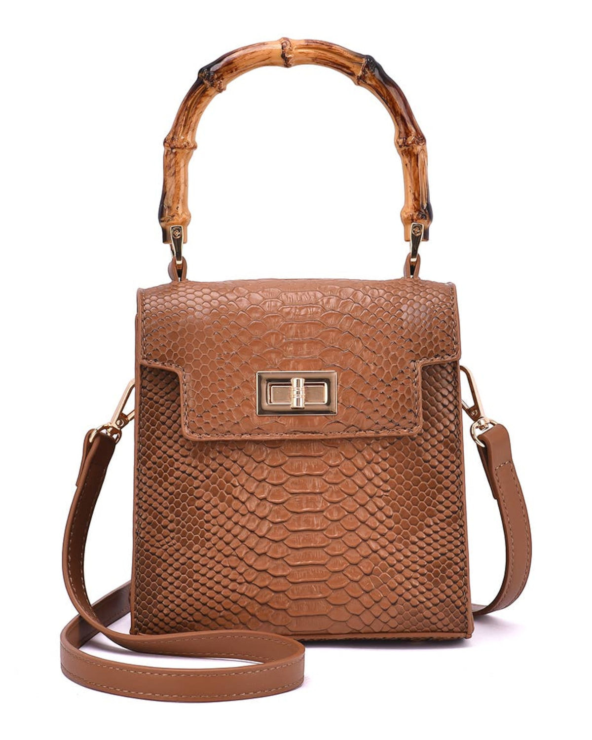Brown Faux Snakeskin embossed crossbody bag with bamboo handle and removable shoulder strap with gold hardware. 