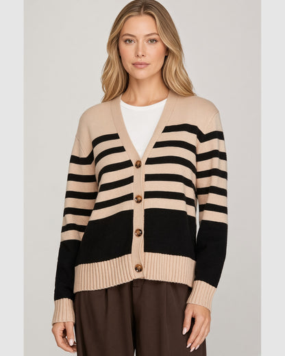 Front view of beige and black striped V-neck cardigan with brown buttons and beige ribbed cuffs and hem.