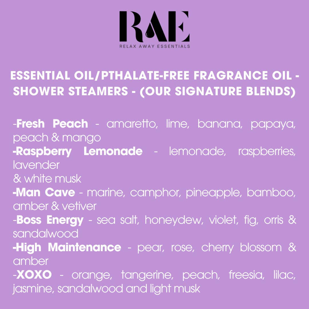 List of essential oil and fragrance oil shower steamers with RAE branding on a purple background.
