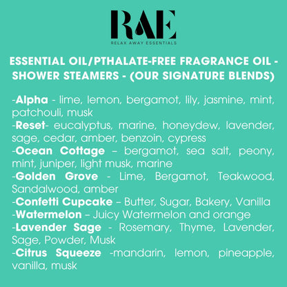 List of essential oil and fragrance oil blends on a teal background with RAE branding.