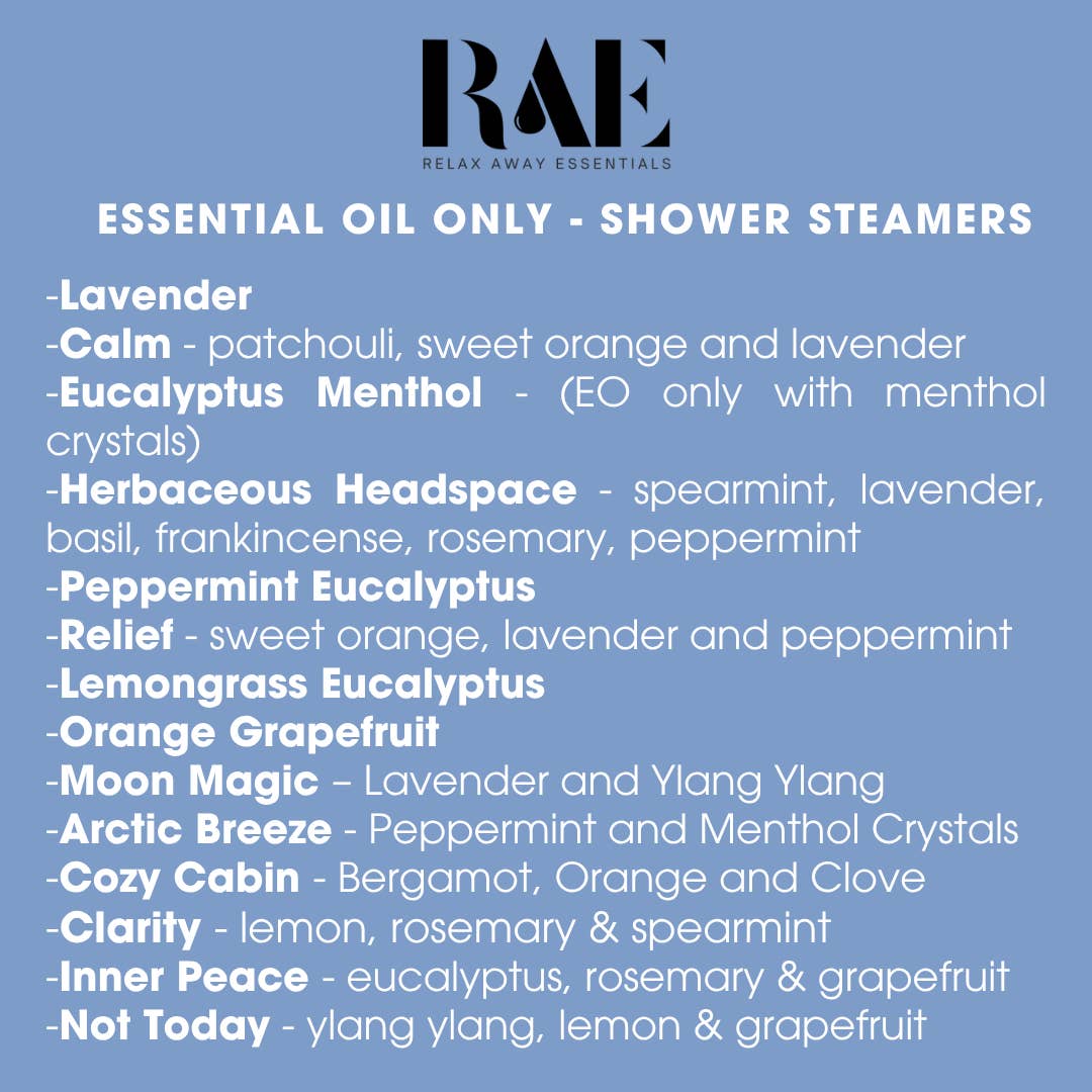 List of essential oil shower steamers with RAE branding on a blue background.