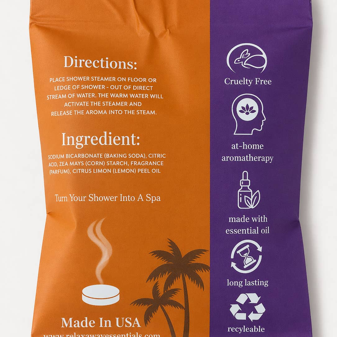 Orange and purple packaging with shower steamer directions and features on a white background.