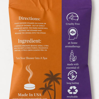 Orange and purple packaging with shower steamer directions and features on a white background.