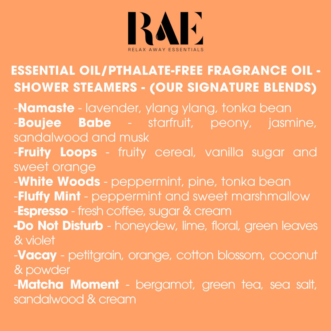 List of essential oil and fragrance oil shower steamers with RAE branding on an orange background.