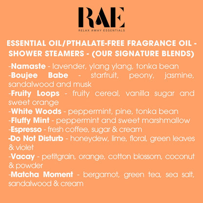 List of essential oil and fragrance oil shower steamers with RAE branding on an orange background.