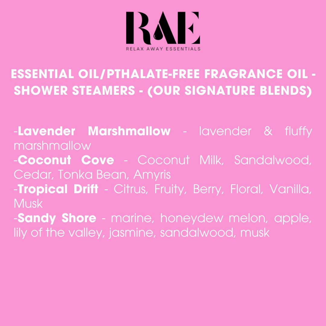 Pink background with RAE branding and essential oil fragrance names on a white text overlay.