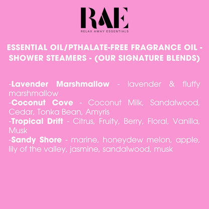 Pink background with RAE branding and essential oil fragrance names on a white text overlay.