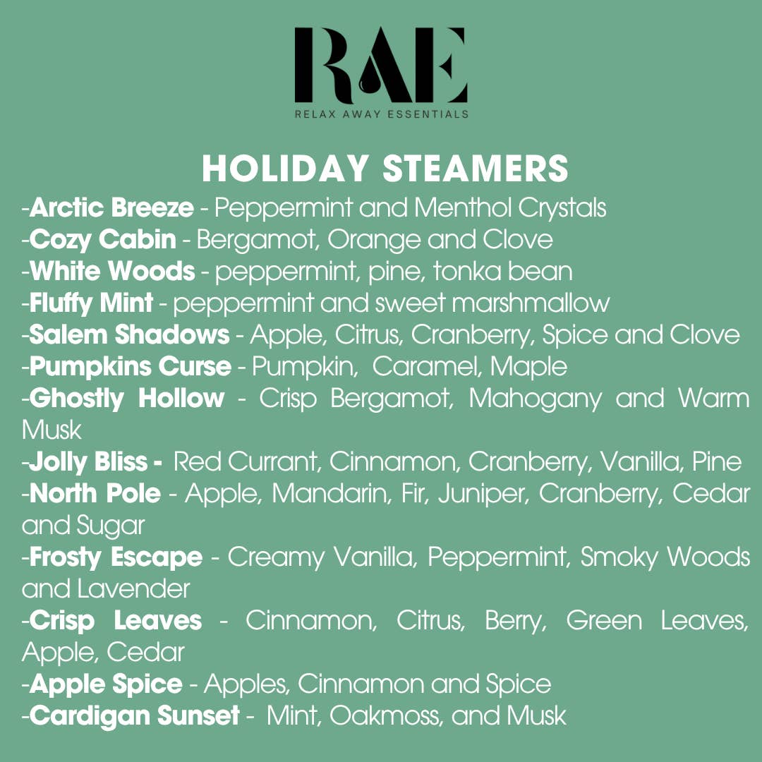 List of individually packaged steamers by RAE on a green background.
