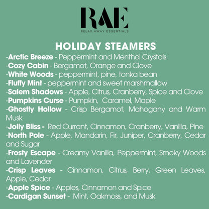 List of individually packaged steamers by RAE on a green background.