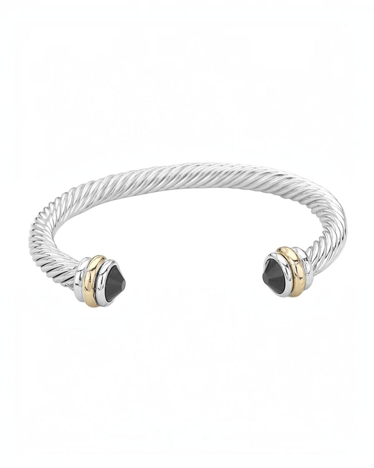 Black Crystal Tip Twisted Silver Rope Cuff Bracelet with gold accents.