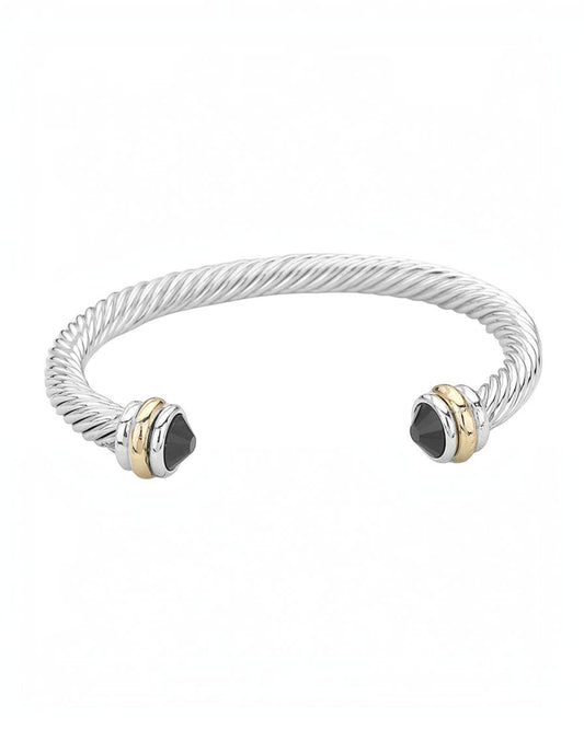 Black Crystal Tip Twisted Silver Rope Cuff Bracelet with gold accents.