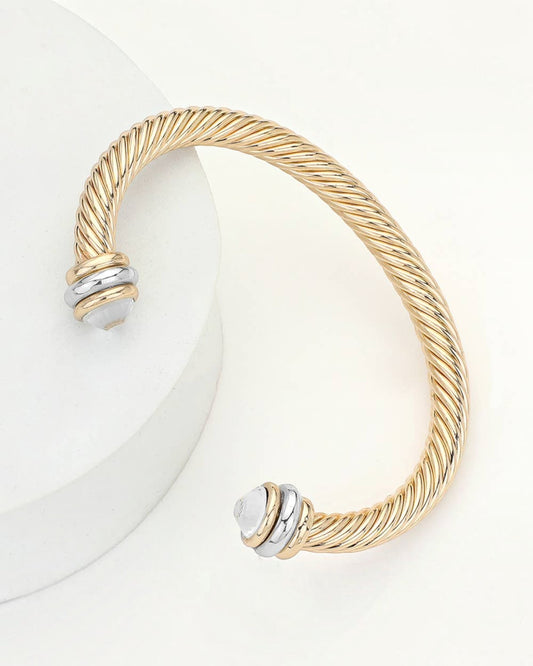 Gold rope open cuff bracelet with crystal tips and silver accents.