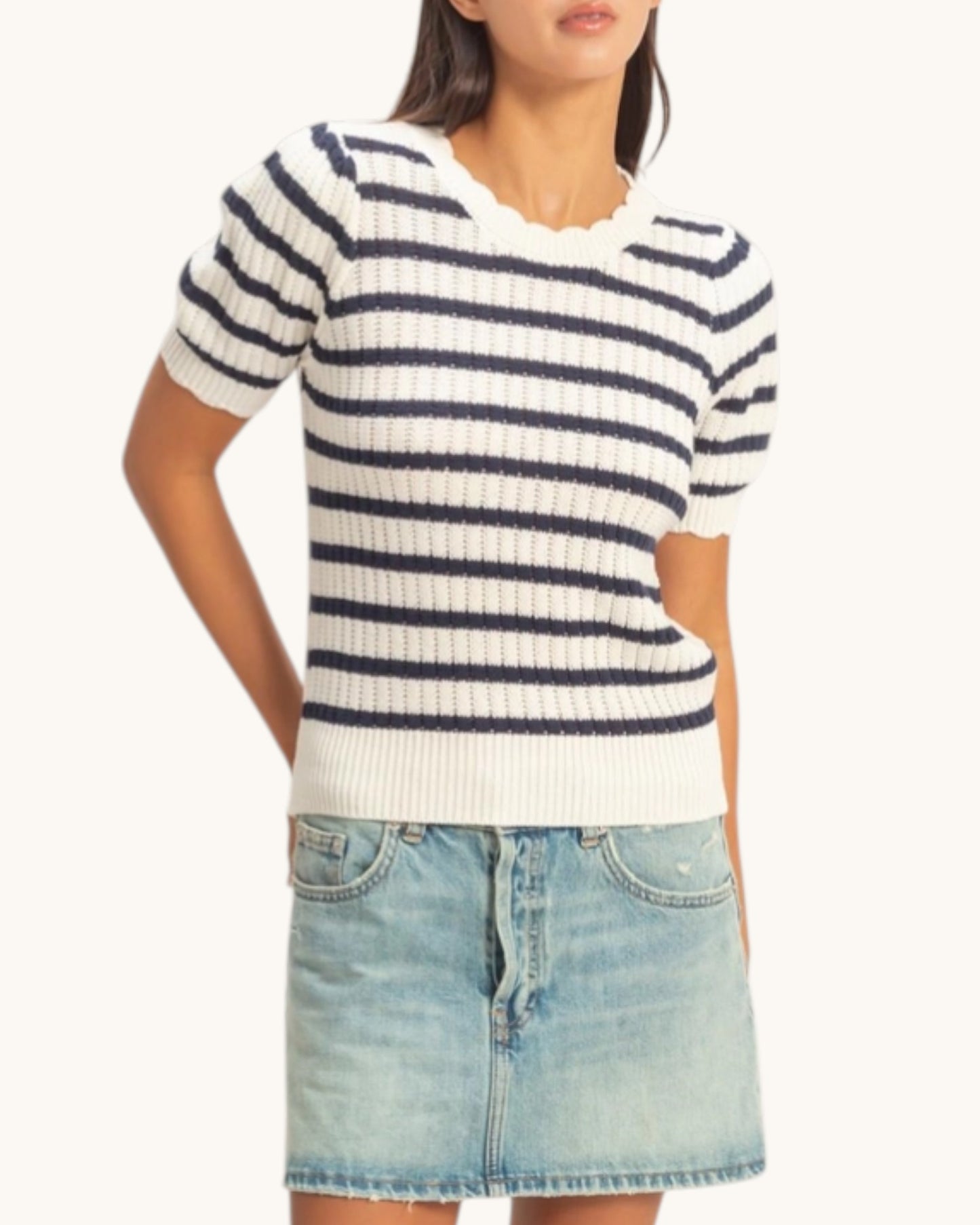 Navy Striped Short Sleeve Knit Top
