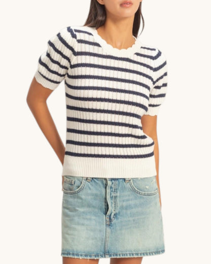 Navy Striped Short Sleeve Knit Top