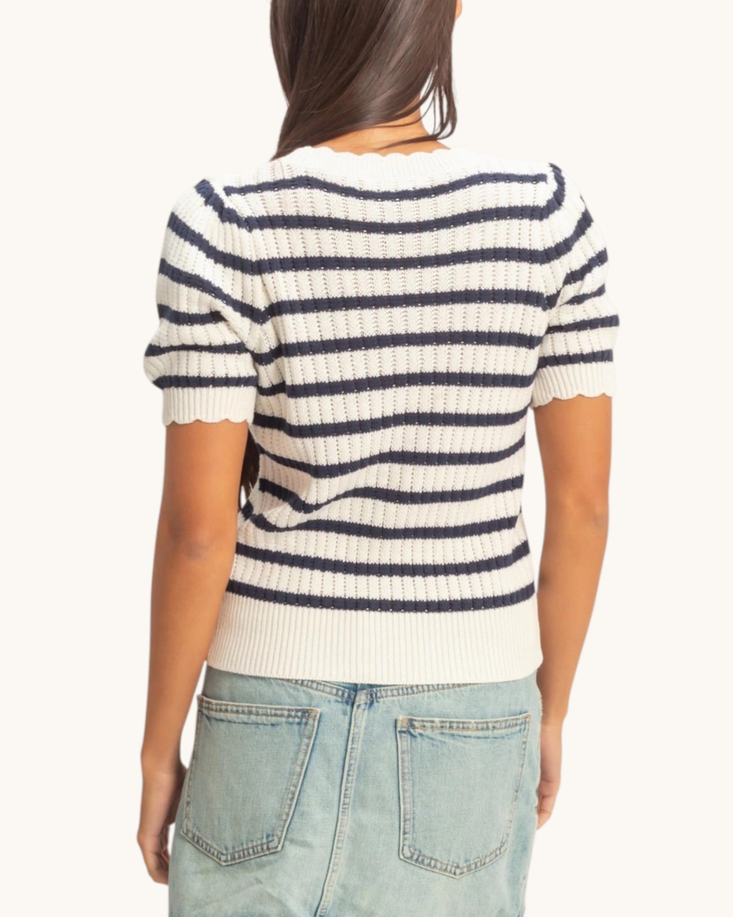 Navy Striped Short Sleeve Knit Top
