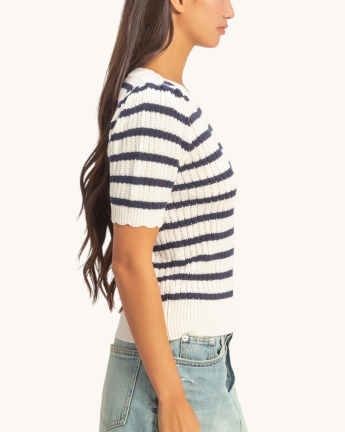 Navy Striped Short Sleeve Knit Top