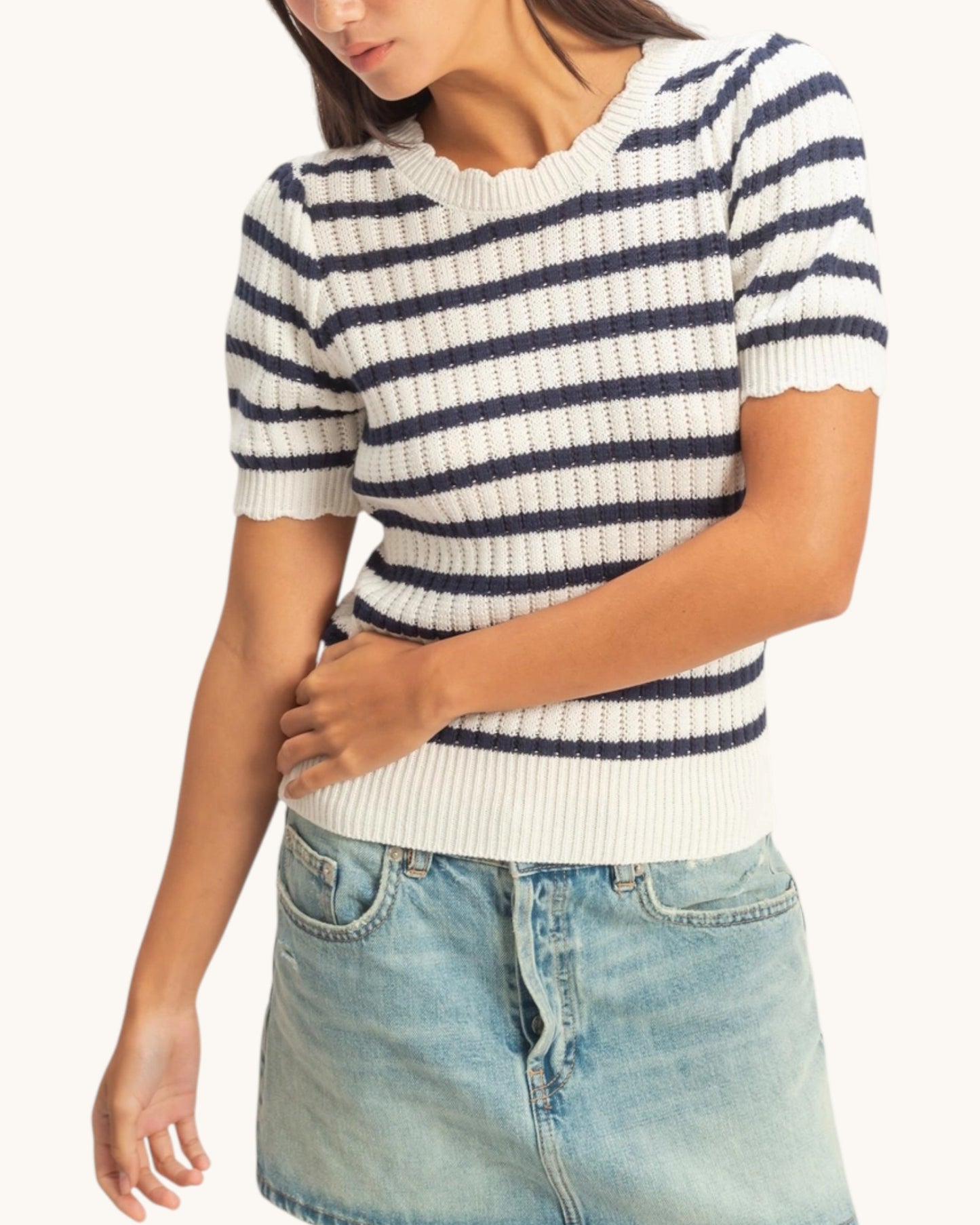 Navy Striped Short Sleeve Knit Top