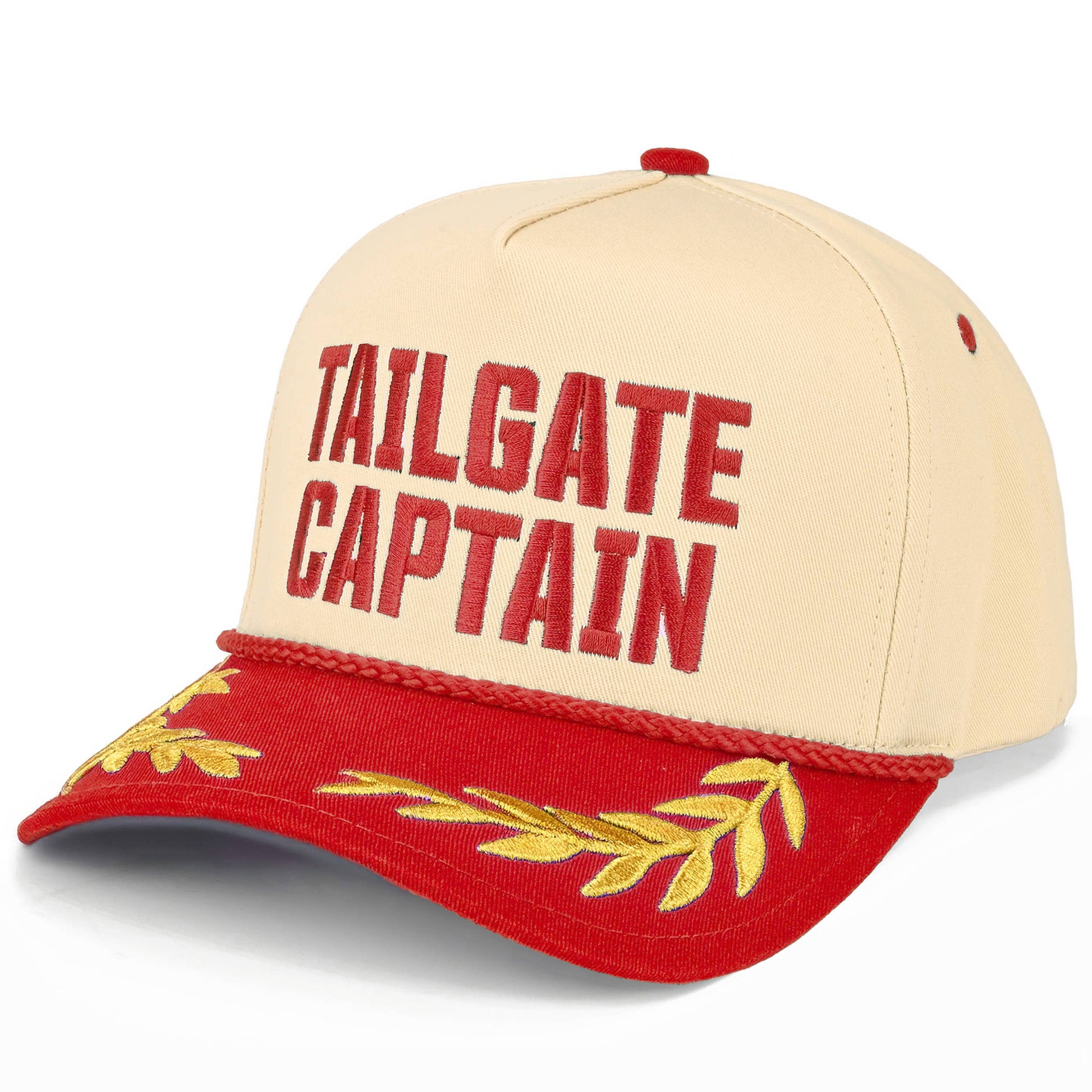 Beige and red cap with 'TAILGATE CAPTAIN' text on a white background