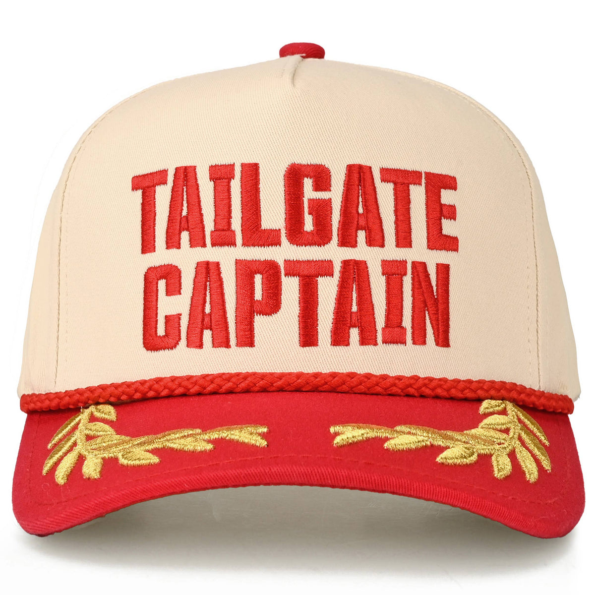 Beige and red cap with 'TAILGATE CAPTAIN' text on a white background