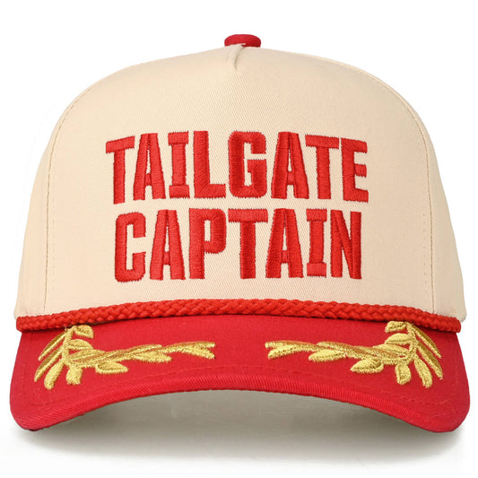 Beige and red cap with 'TAILGATE CAPTAIN' text on a white background