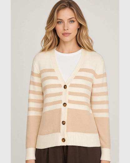 Angled front view of taupe and cream striped V-neck cardigan with contrasting buttons and cream ribbed trim.