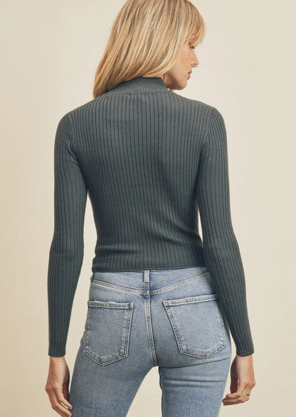 Teal Corset Ribbed Knit Long Sleeve Top