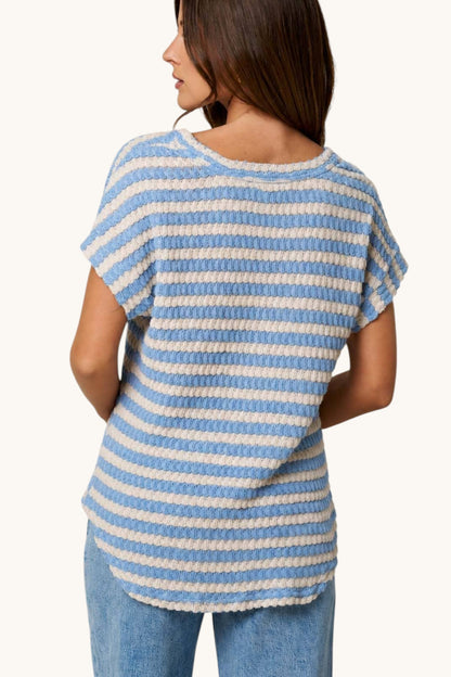 Good Day Blue & Cream Textured Stripe Knit Top