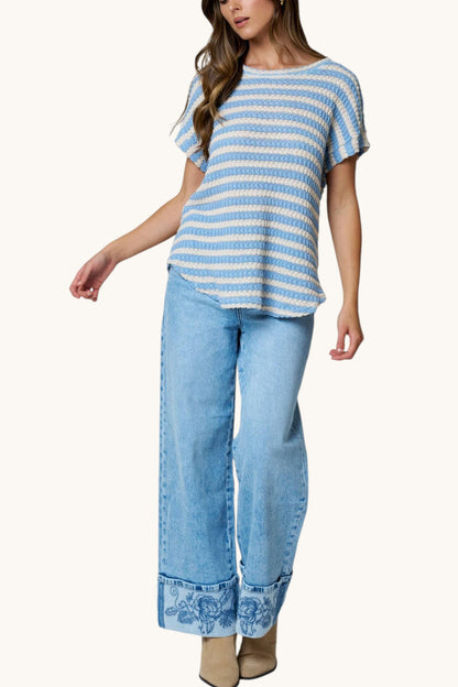 Good Day Blue & Cream Textured Stripe Knit Top