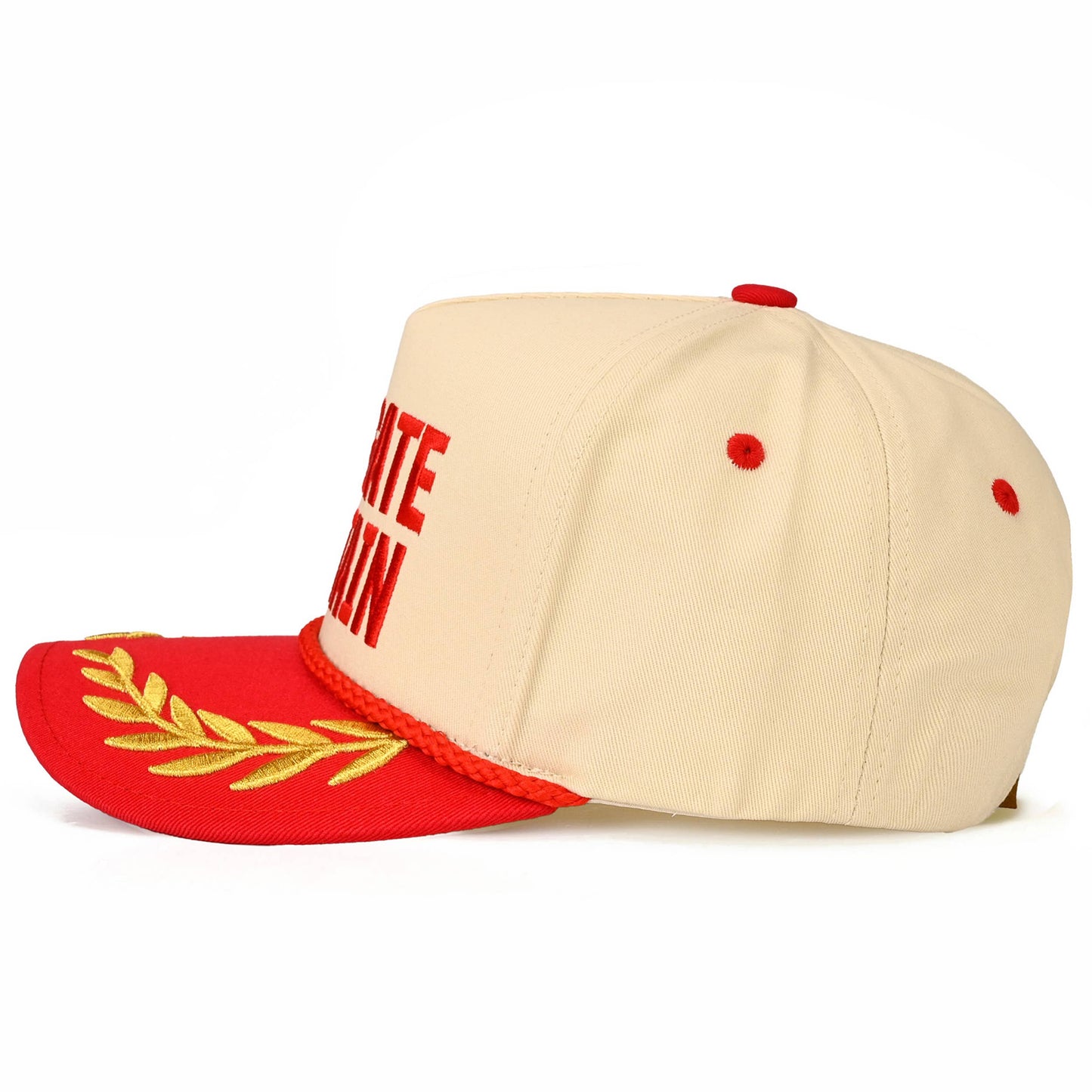 Beige cap with red brim and gold laurel leaves on a white background.