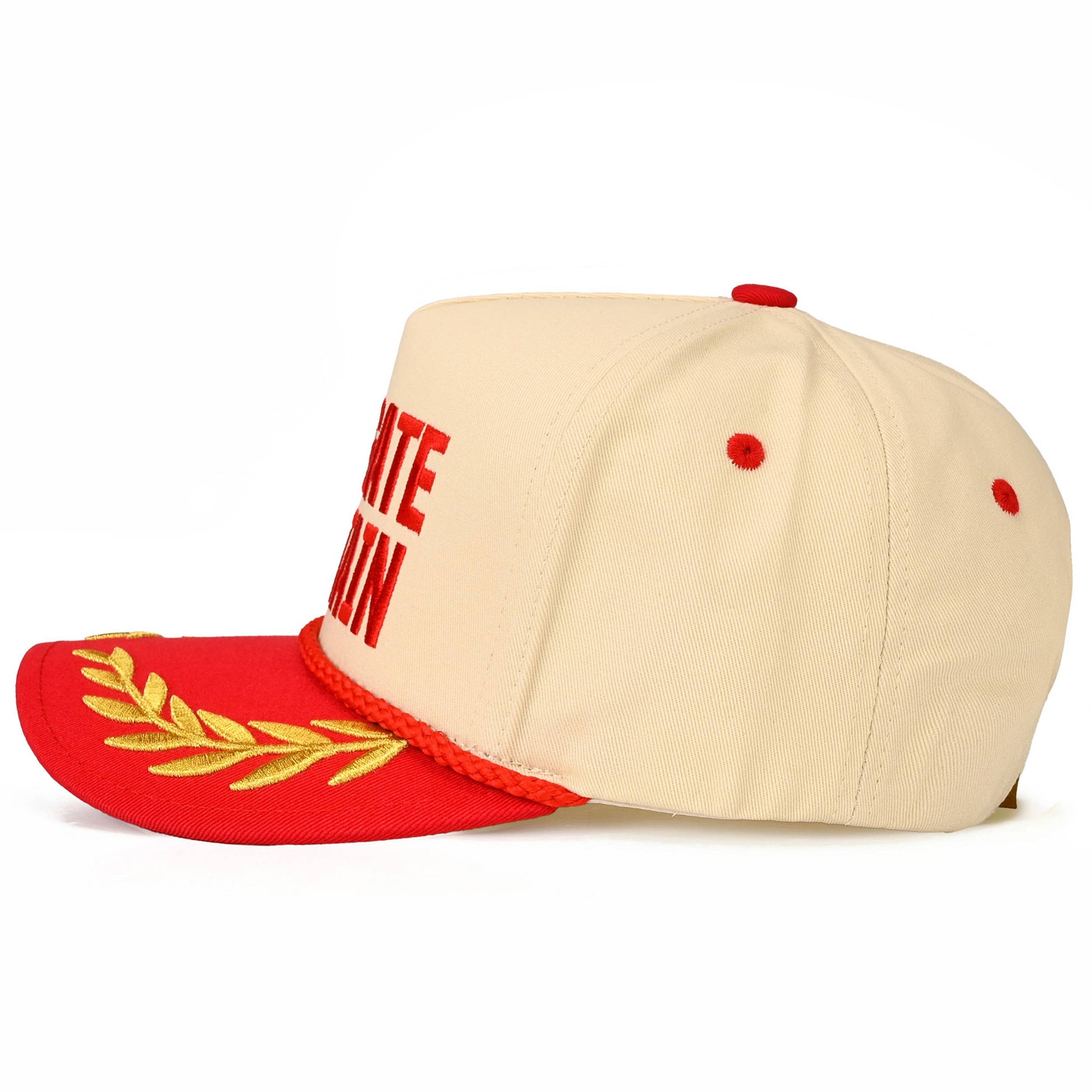 Beige cap with red brim and gold laurel leaves on a white background.