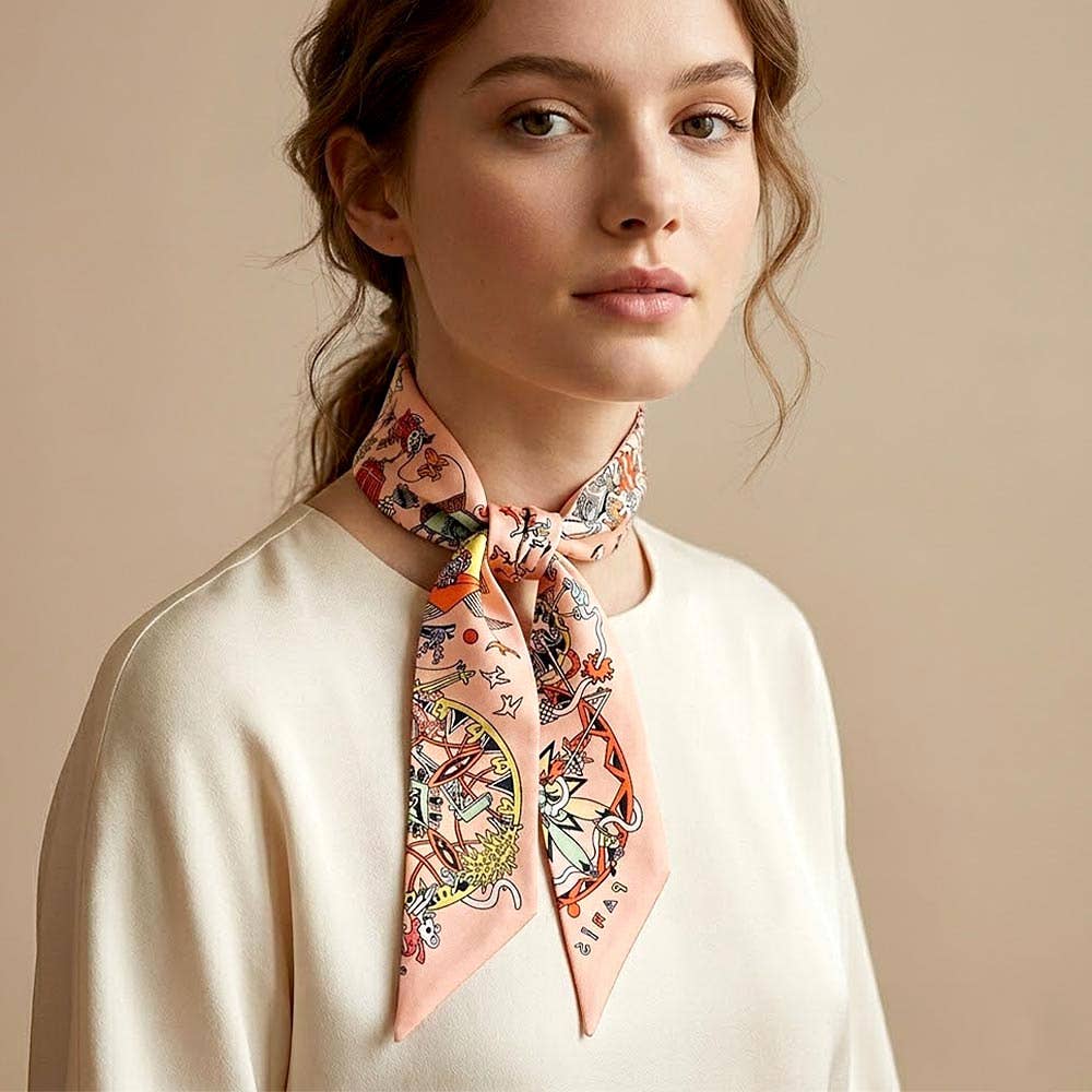 Woman wearing a peach and colorful patterned skinny scarf around her neck on a beige background.
