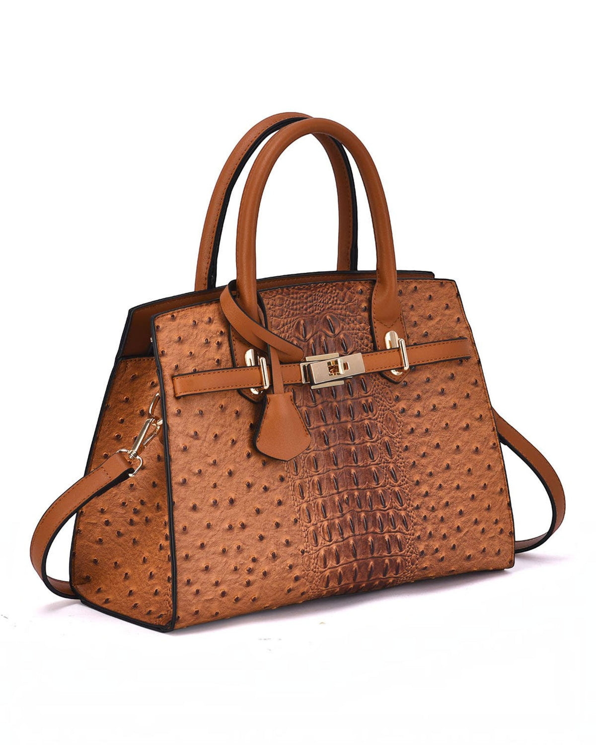 Ostrich and croc embossed vegan leather satchel handbag in a golden cognac brown with gold hardware, and removable shoulder strap. 