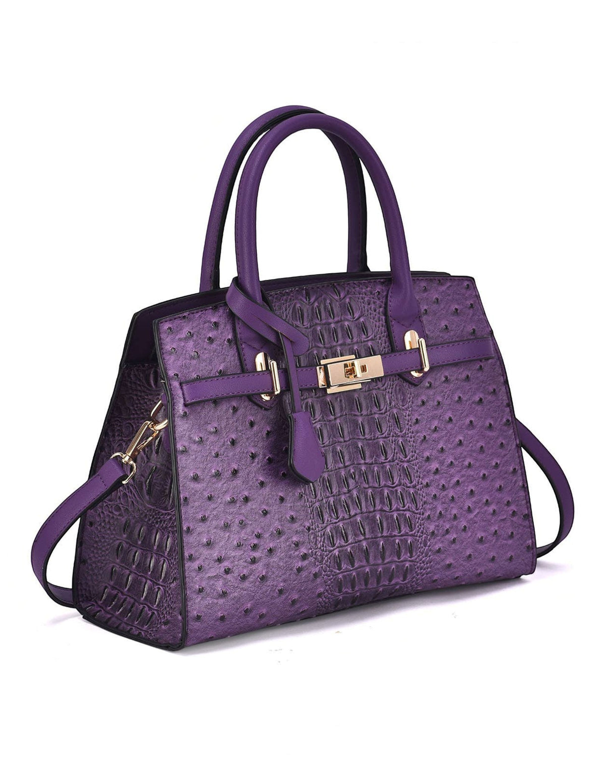 Purple croc + ostrich embossed satchel bag, with a gold-tone lock detail, removable strap and 100% vegan leather.