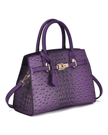 Purple croc + ostrich embossed satchel bag, with a gold-tone lock detail, removable strap and 100% vegan leather.