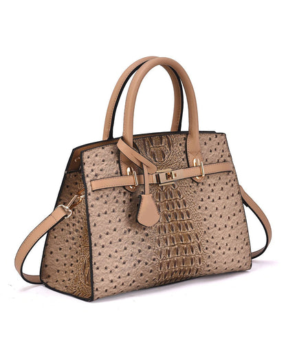 Tan croc + ostrich embossed satchel bag, with a gold-tone lock detail, removable strap and 100% vegan leather.