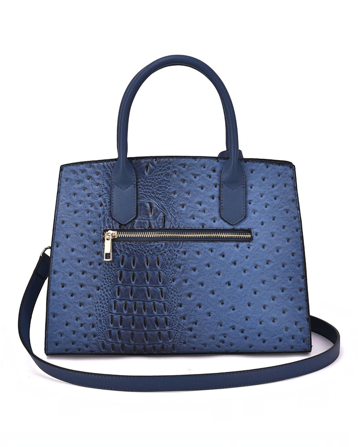 A blue textured handbag with a mix of crocodile-embossed and ostrich-embossed leather panels, featuring dual top handles, a front zip pocket, and a detachable shoulder strap, shown on a plain white background.