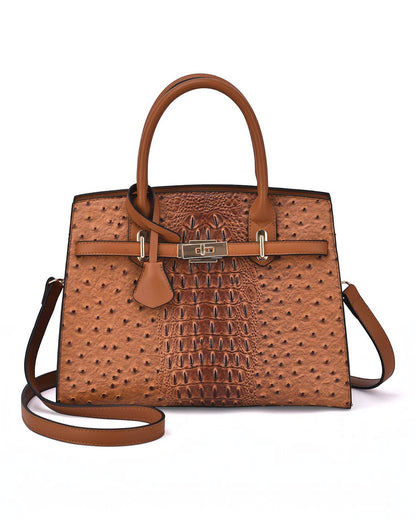 Ostrich Embossed Satchel Handbag in Cognac