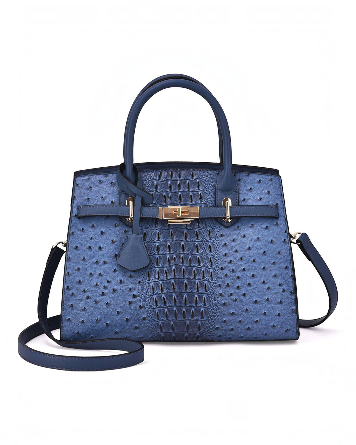 Ostrich Embossed Satchel Handbag in Blue and Navy.