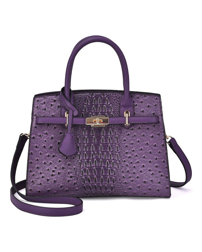 Purple croc + ostrich embossed satchel bag, with a gold-tone lock detail, removable strap and 100% vegan leather.