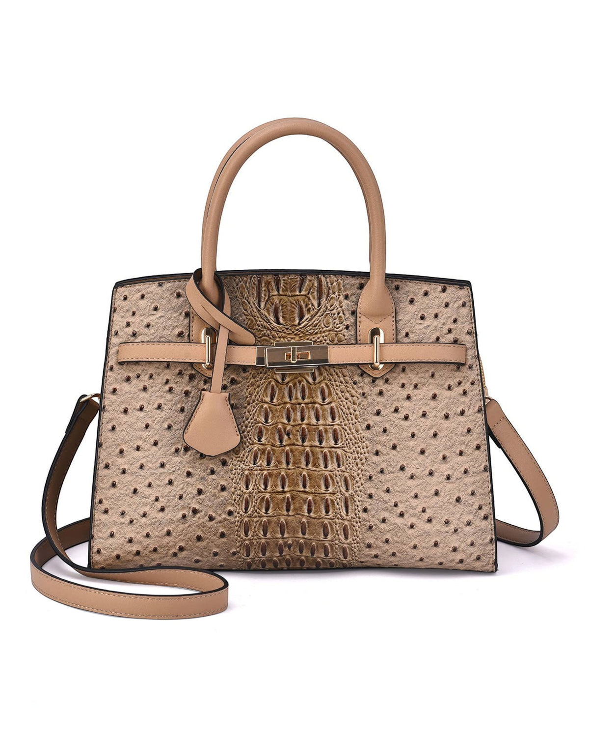 Tan croc + ostrich embossed satchel bag, with a gold-tone lock detail, removable strap and 100% vegan leather.