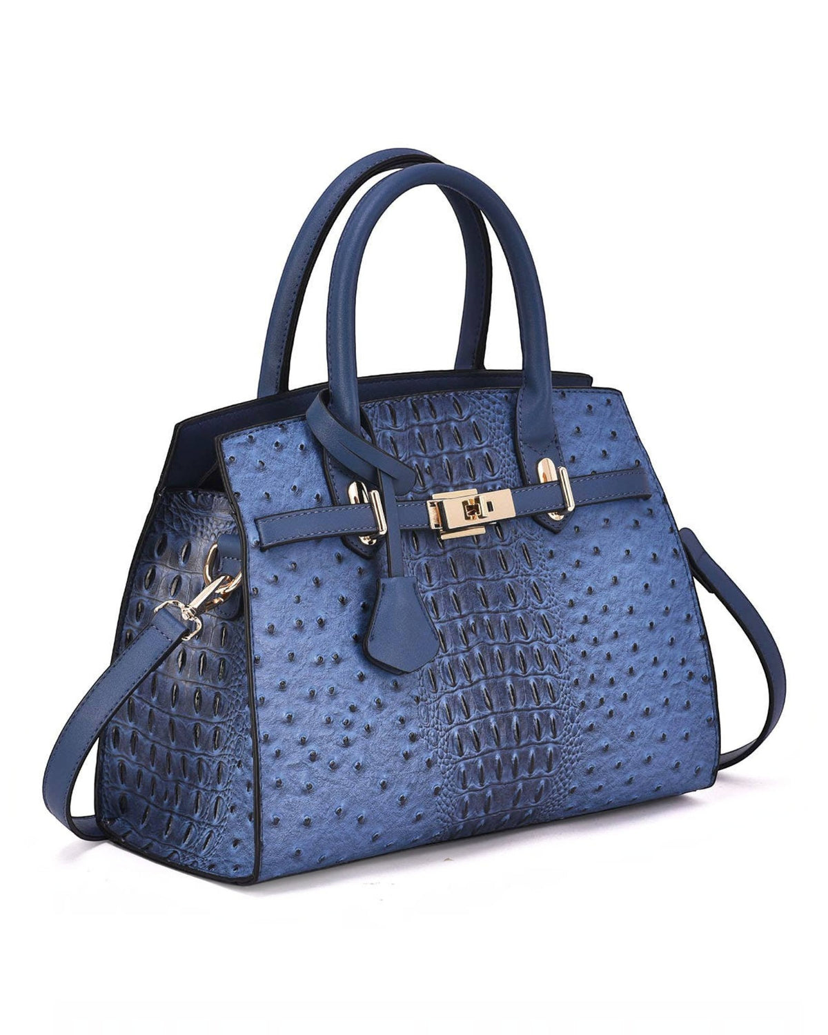 A blue textured handbag with a mix of crocodile and ostrich leather patterns, featuring gold-tone hardware and dual top handles, set against a plain white background.