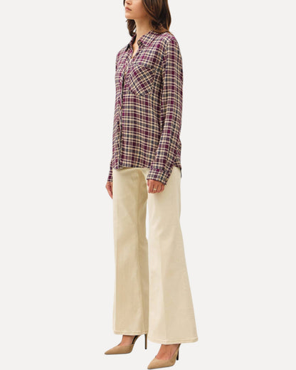 Wander Plaid Button Down Long Sleeve Top (Plum)